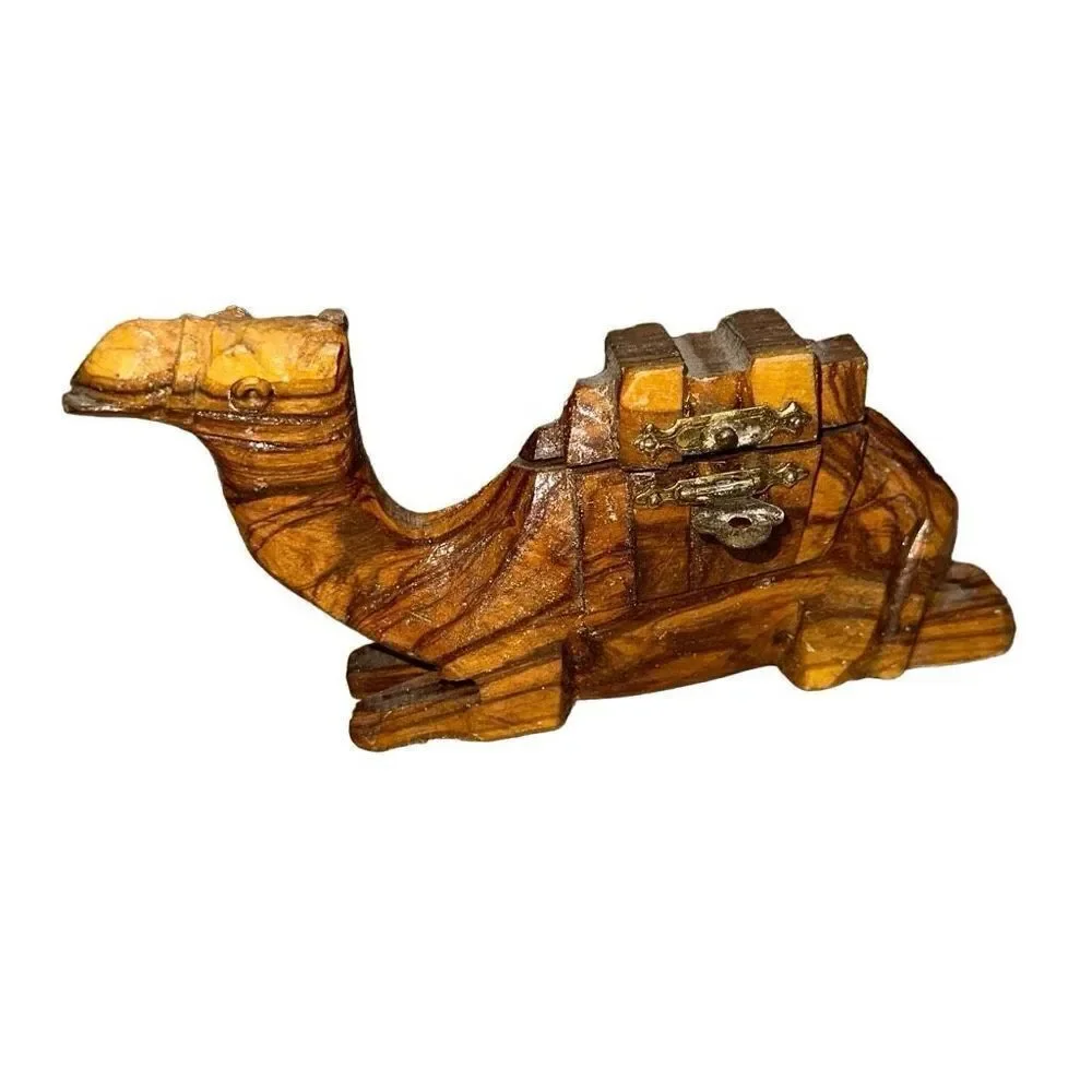 Camel Figurine From Egypt hand carved olive wood trinket box vintage wooden